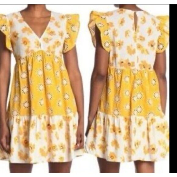 Melloday Floral Yellow & White Tiered Dress Square Neck & Ruffled Boho flowy L - Picture 1 of 13